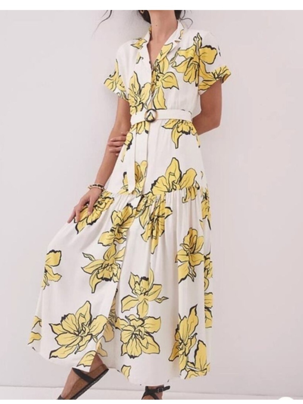 SLATE & WILLOW ANTHROPOLOGIE Yellow White Floral Saskia Front Button Dress Small